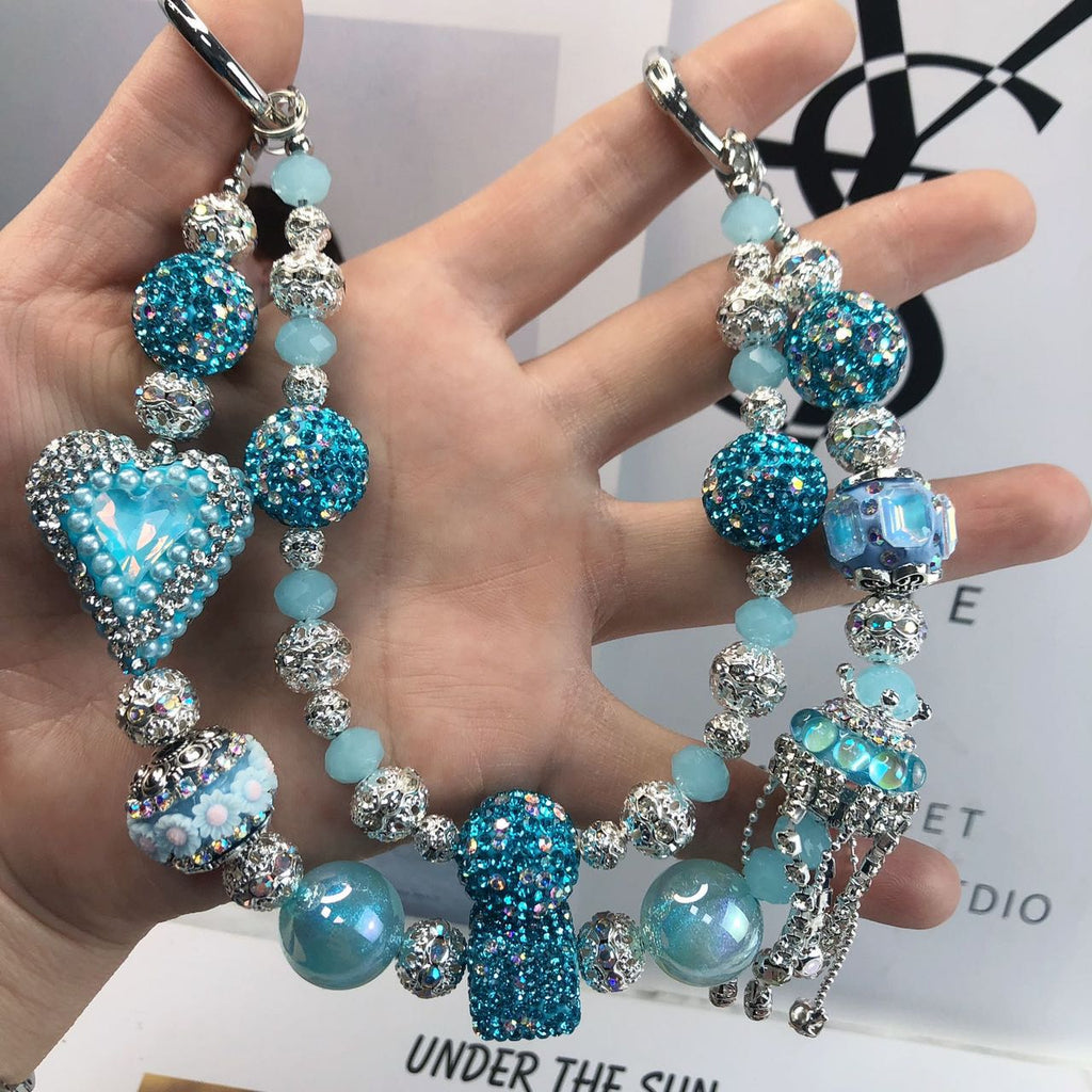 All Crystal Blue Silver with Pearl Heart Phone/Bag Charm Chain Strap