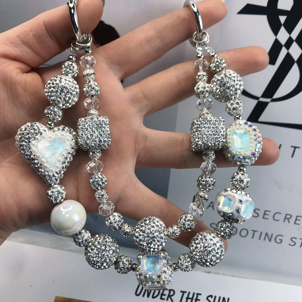 Super Bling Sparkle Silver White Heart Phone/Bag Chain Charm Strap