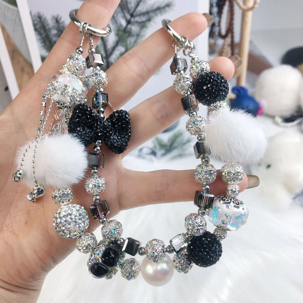 Luxurious Black Bow White PomPom Phone/Bag Charm Chain Strap