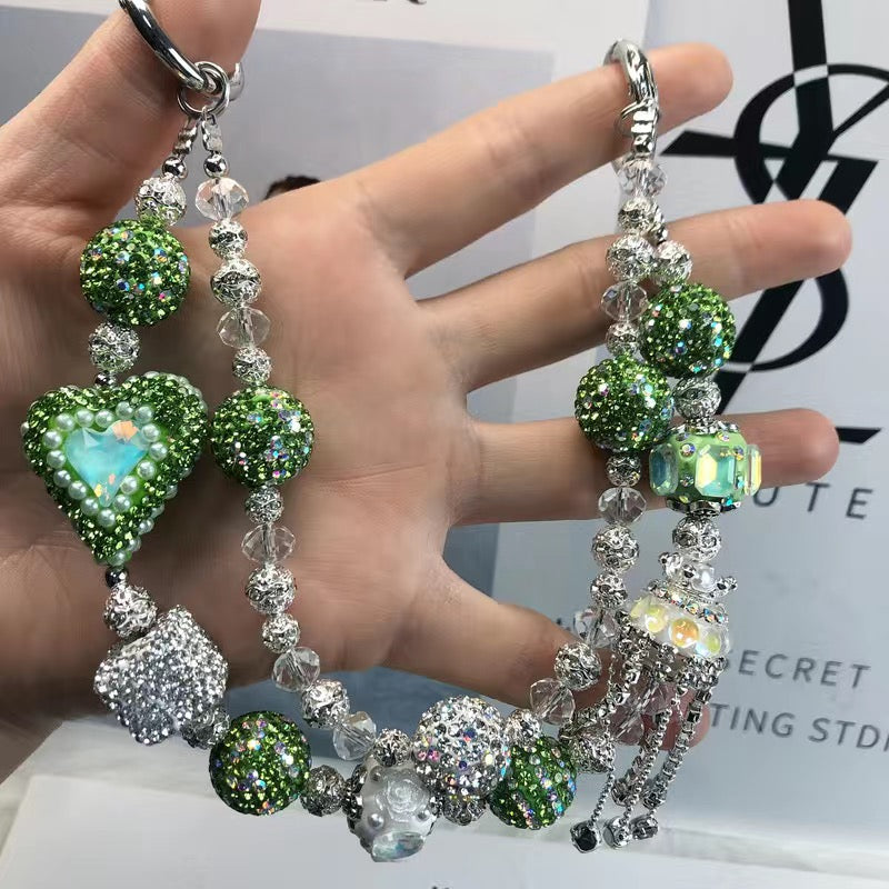 All Bling Green Heart with Pearl Phone/Bag Charm Chain Strap