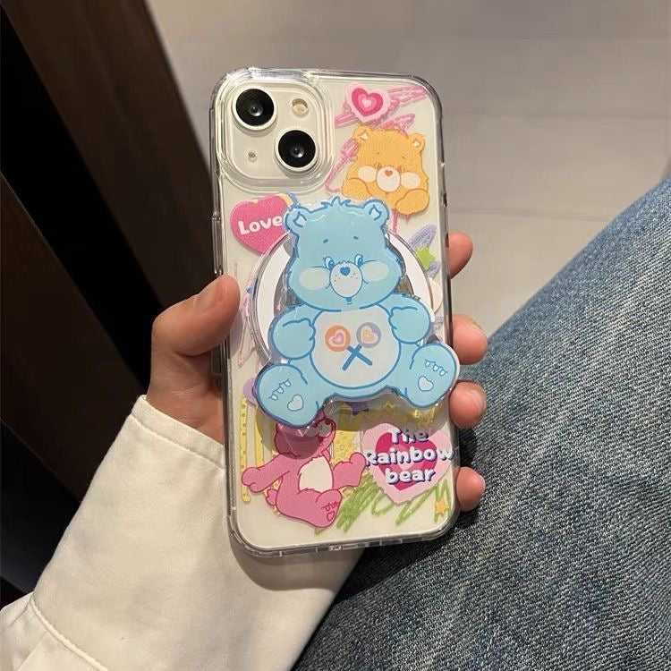 Clear Pastel Cartoon Rainbow Bear with Pop Socket iPhone Case