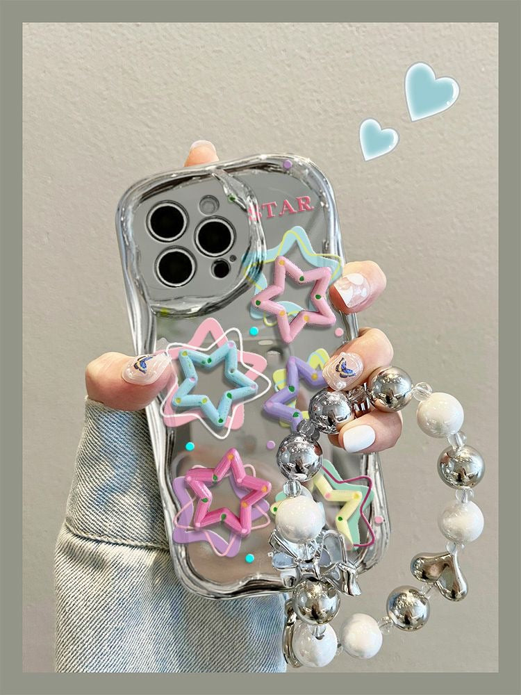 Mirrored Chrome Wavey iPhone Case with Pastel 3D Stars and Chain