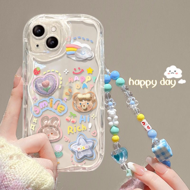 Cute Wavey iPhone Case with 3D Pastel Rainbow Bear Bunny Charm