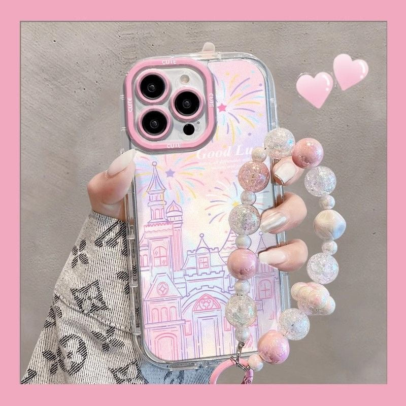 Girly Cute Pink Pastel Castel with Matching Bead Chain iPhone Case