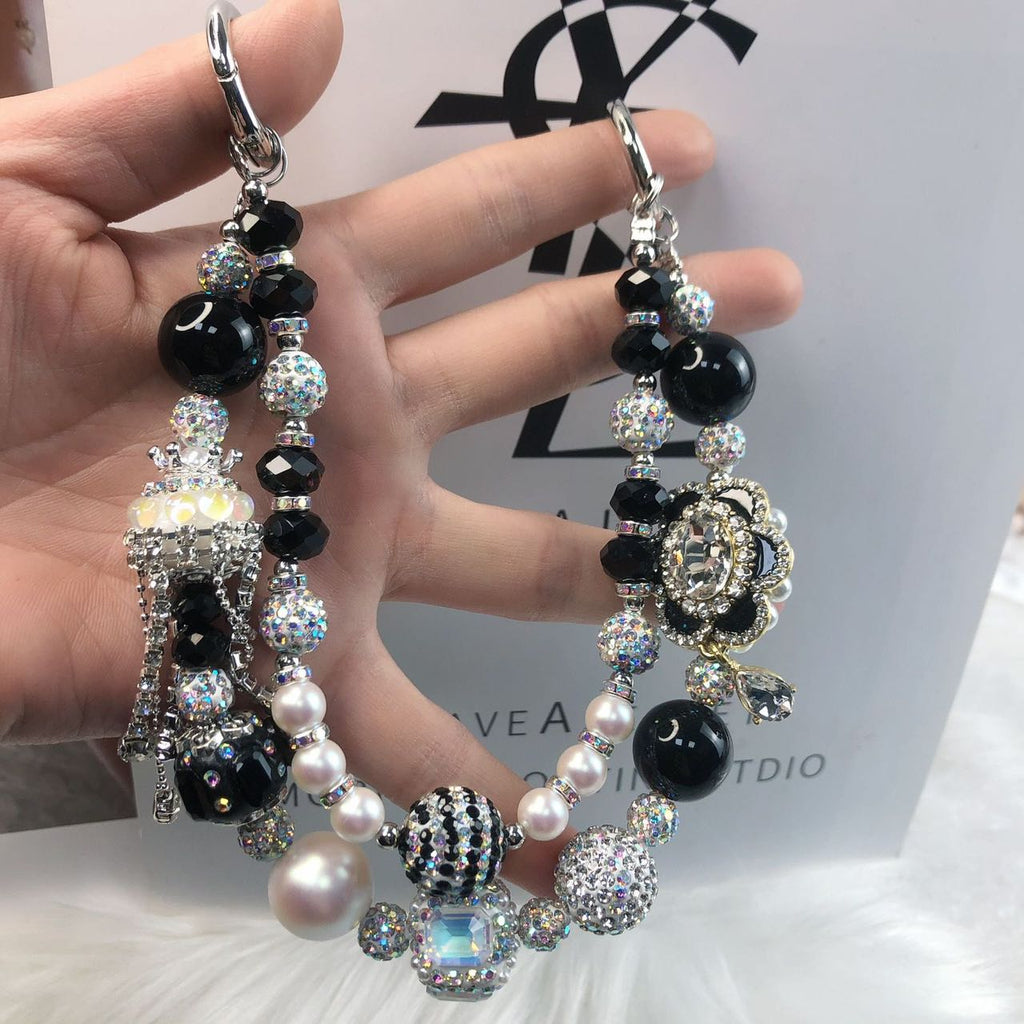 Luxury Crystal Black with Pearls Phone/Bag Chain Charm Strap