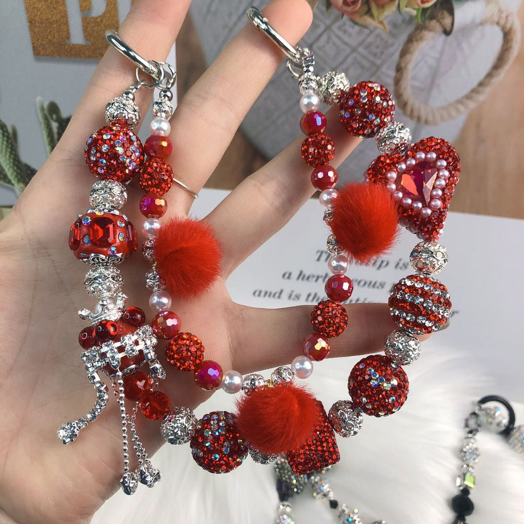 Sparkly All Crystal Red Heart with PomPom Phone/Bag Charm Chain Strap