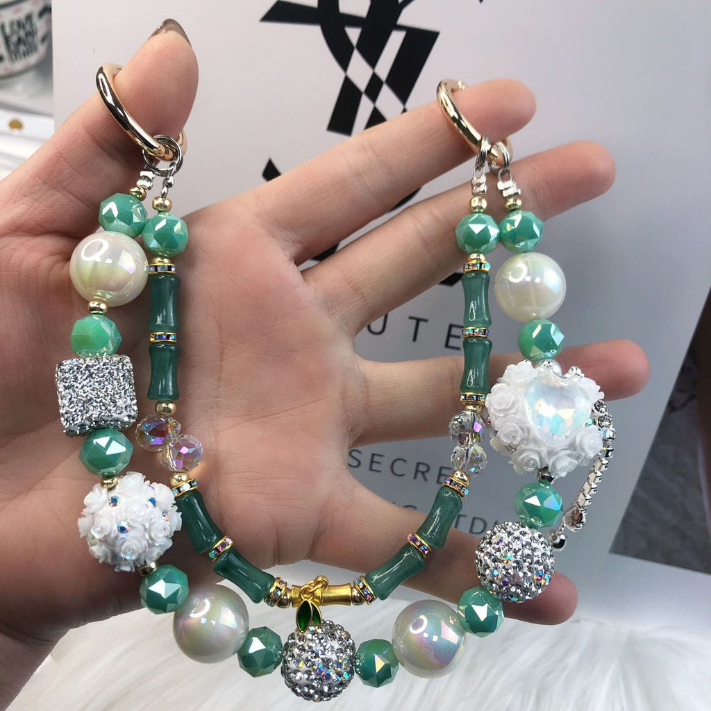 Unique Crystal Green Jade with Pearl Phone/Bag Chain Charm Strap