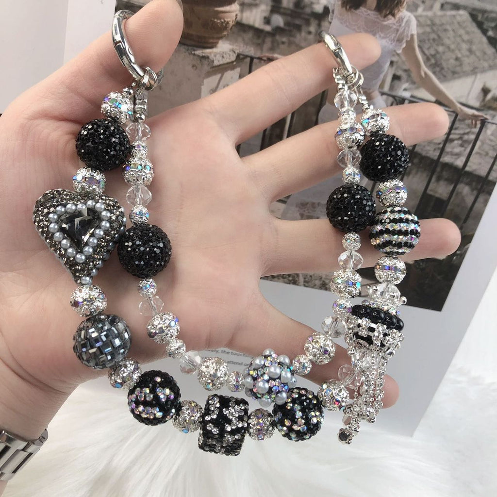 Unique Crystal Black Silver Pearl Heart Phone/Bag Charm Chain Strap
