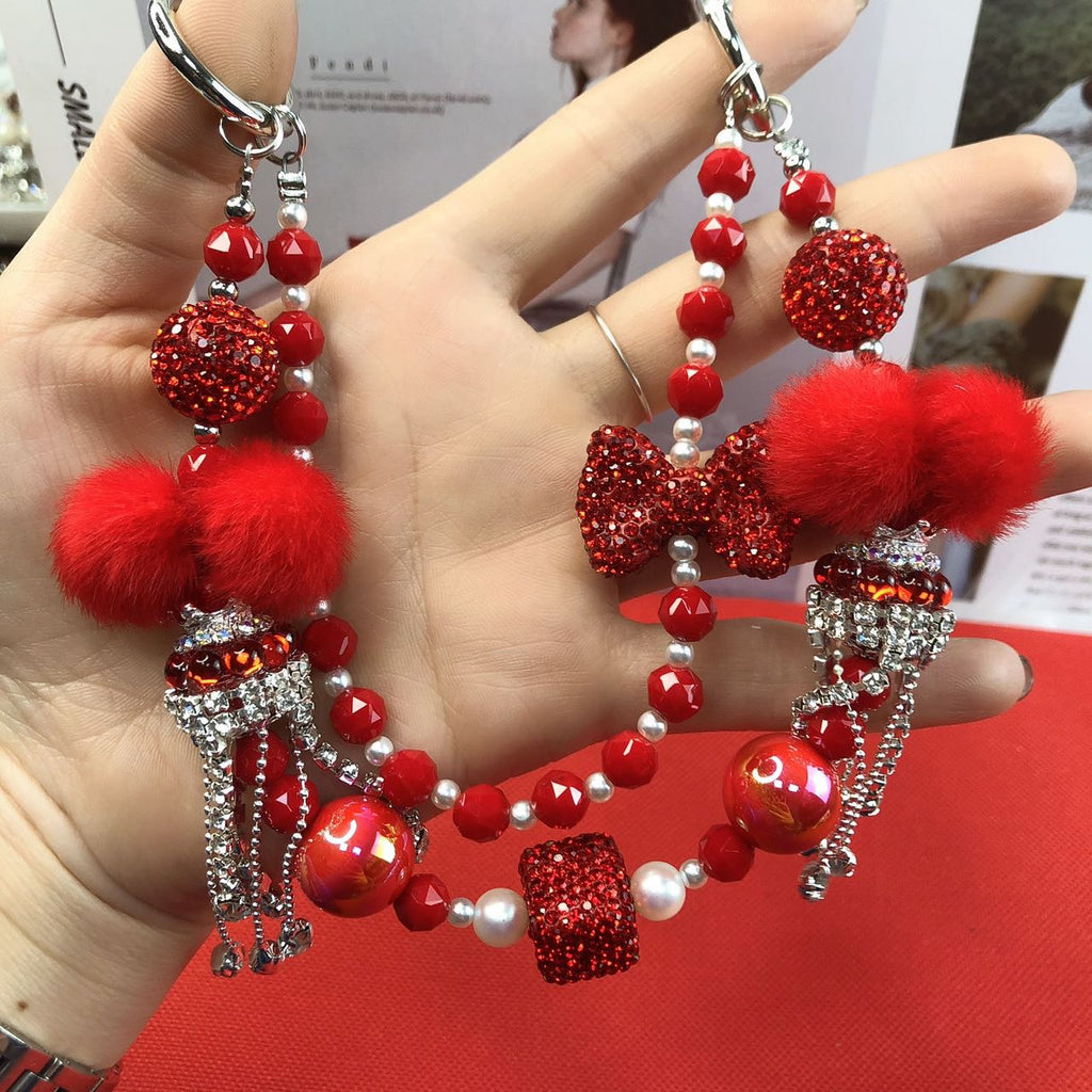 Pretty Sparkly Red Bow with PomPom Phone Charm Chain Strap