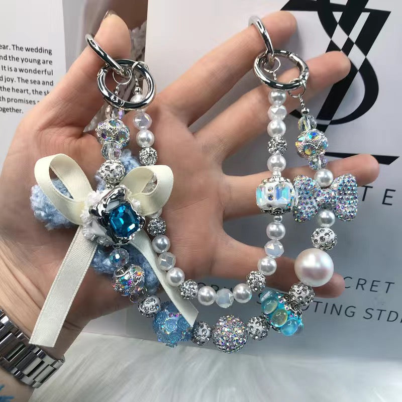 Pretty Crystal Light Blue with Pearl and Bow Phone/Bag Charm Chain