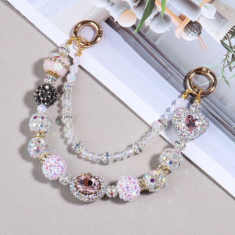 Cute Girly Soft Pink with Large Gems Phone/Bag Charm Chain Strap