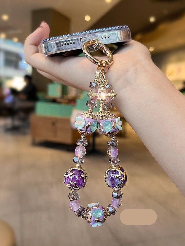 Girly Princess Crystal Soft Purple Flowers Phone Charm Chain Strap
