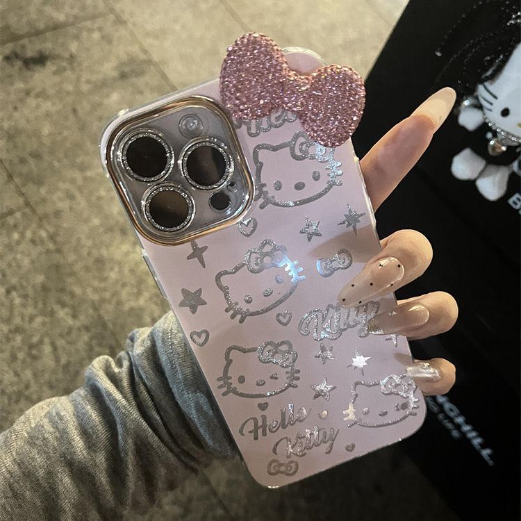 Bling 3D Pink Bow with Silver Kitty iPhone 16 Case – My Ace Case Bling 3D Pink Bow with Silver Kitty iPhone 16 Case – My Ace Case