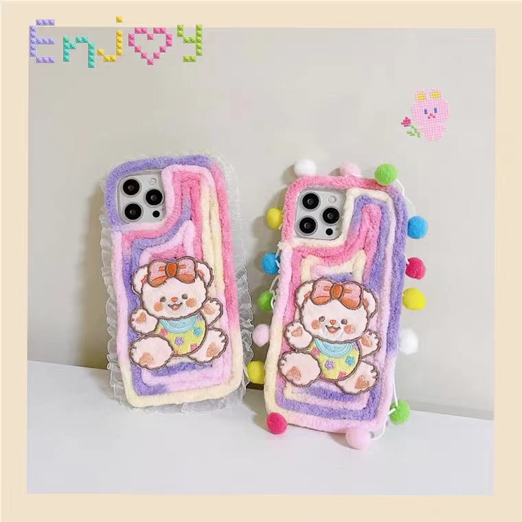 Super Girly Princess Furry Bear Case With Lace/Pompom Borders