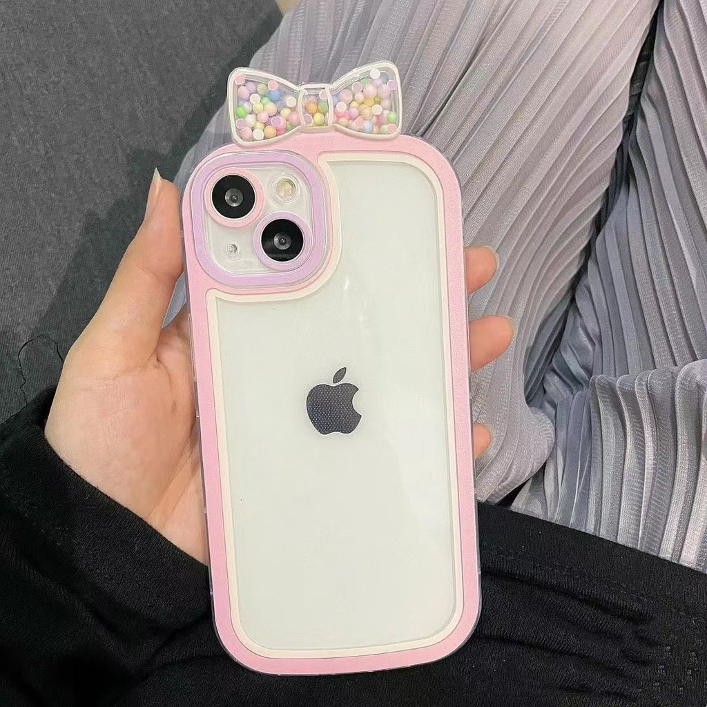 Super Cute Durable Pastel Borders with Beads Inside 3D Bow iPhone Case