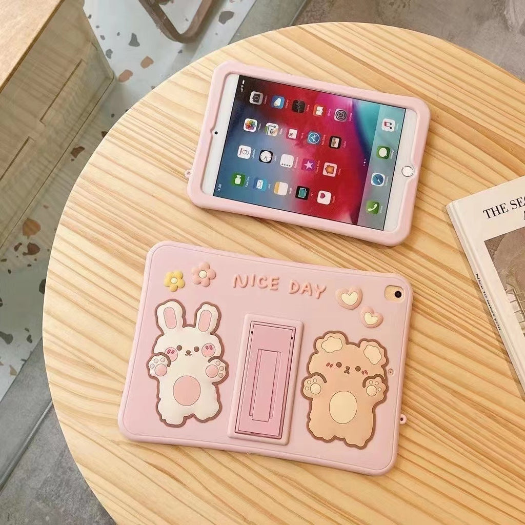 Adorable Bear and Bunny Nice Day Silicone iPad Case with Stand