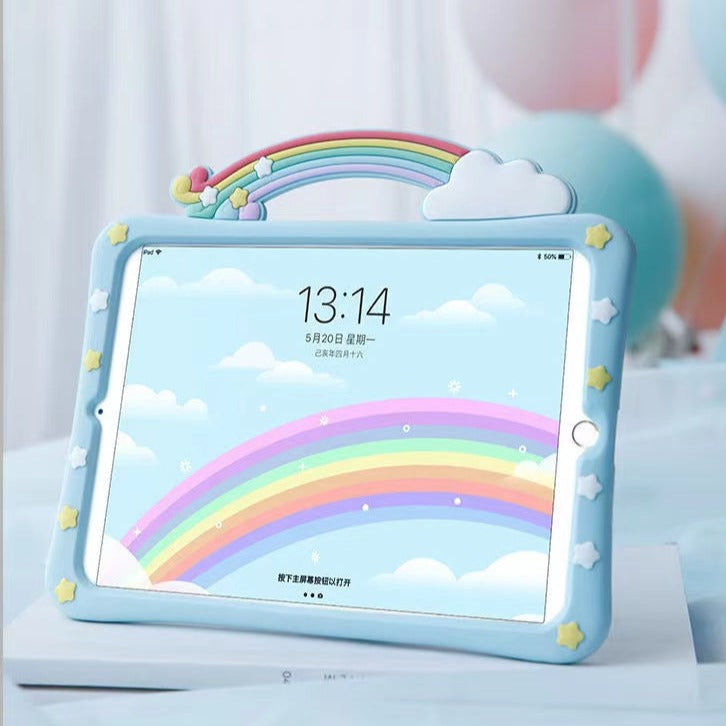 Soft Pastel Blue Silicone iPad Case with Rainbow Top Handle 
