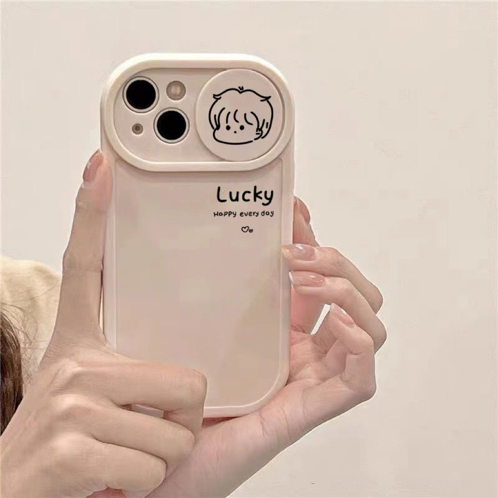 Lucky Boy, Happy Girl Round Case With Sliding Camera Protector