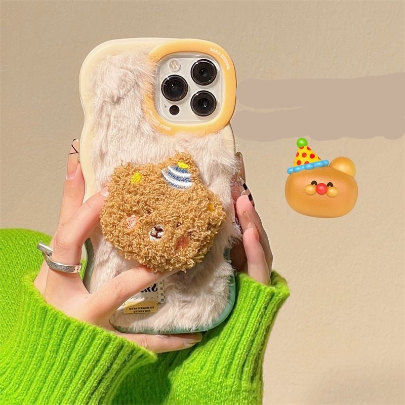 iPhone 14 Case Adorable Furry Cute Bear Push with Tripod Stand