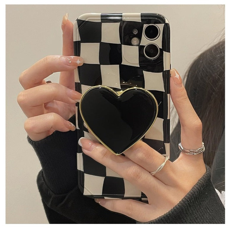 Cute black white checkered patterned case with 3D heart pop socket 