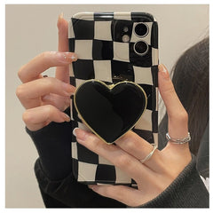 Cute Checkered Pattered Print Case With Heart Phone Grip For