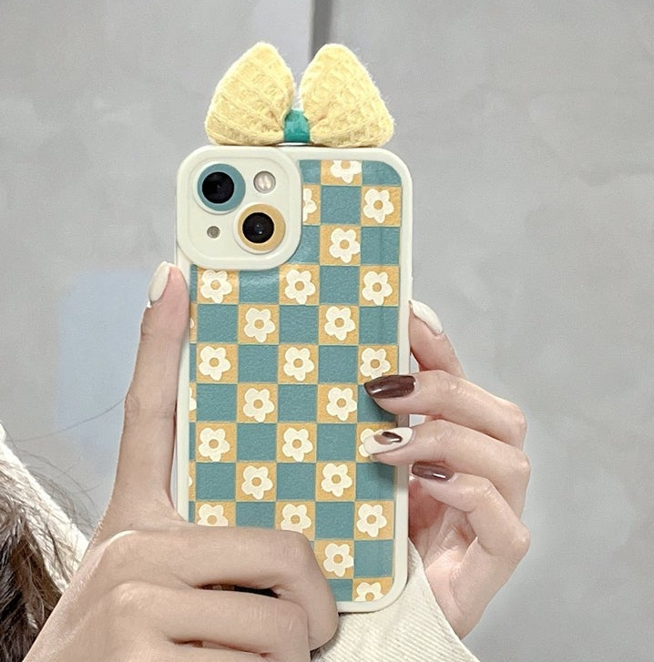 Shock-resistant Pastel Green Yellow Checkered Pattern Bow Case